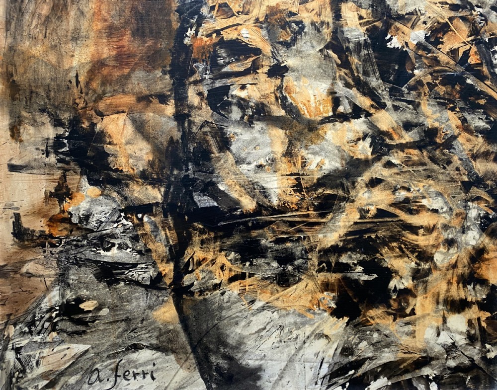 A vertical abstract acrylic painting of layered human figures in earth tones, framed by a linen slip and a tiered gold gilt moulding. View VI