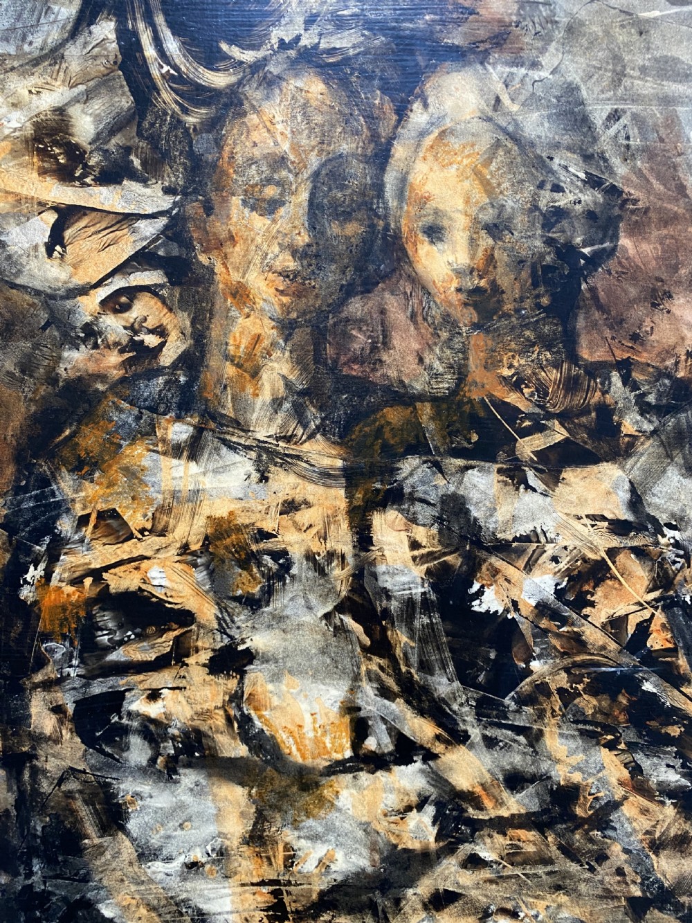 A vertical abstract acrylic painting of layered human figures in earth tones, framed by a linen slip and a tiered gold gilt moulding. View VII