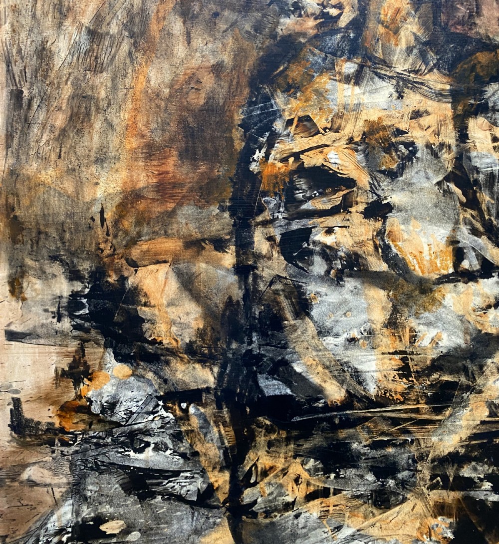 A vertical abstract acrylic painting of layered human figures in earth tones, framed by a linen slip and a tiered gold gilt moulding. View VIII