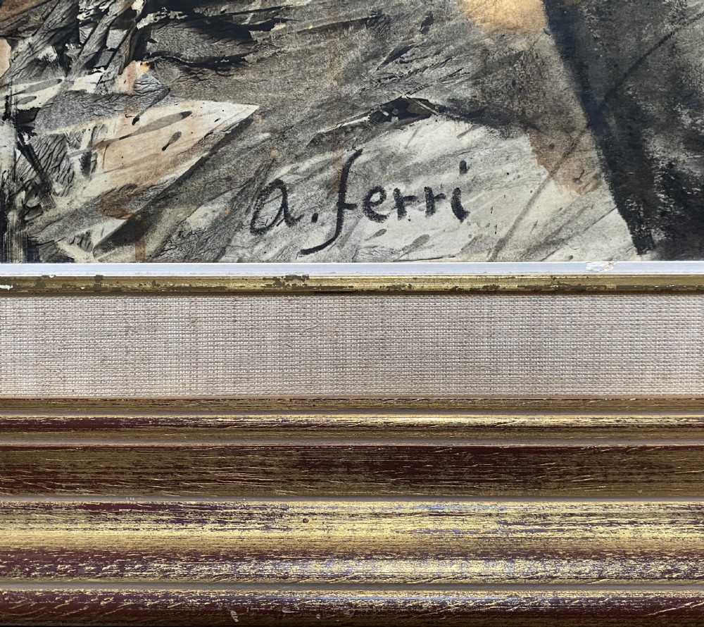 A vertical abstract acrylic painting of layered human figures in earth tones, framed by a linen slip and a tiered gold gilt moulding. View IX