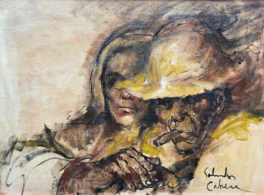 A framed mid-century expressionist oil painting depicting a layered dual portrait of a man with a cigar and a woman, rendered in warm brown, yellow, and cream tones within a timber frame. View II