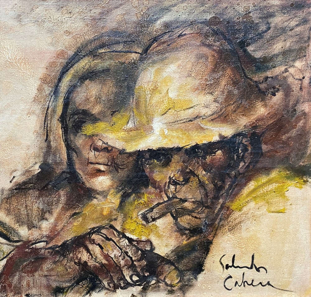 A framed mid-century expressionist oil painting depicting a layered dual portrait of a man with a cigar and a woman, rendered in warm brown, yellow, and cream tones within a timber frame. View III