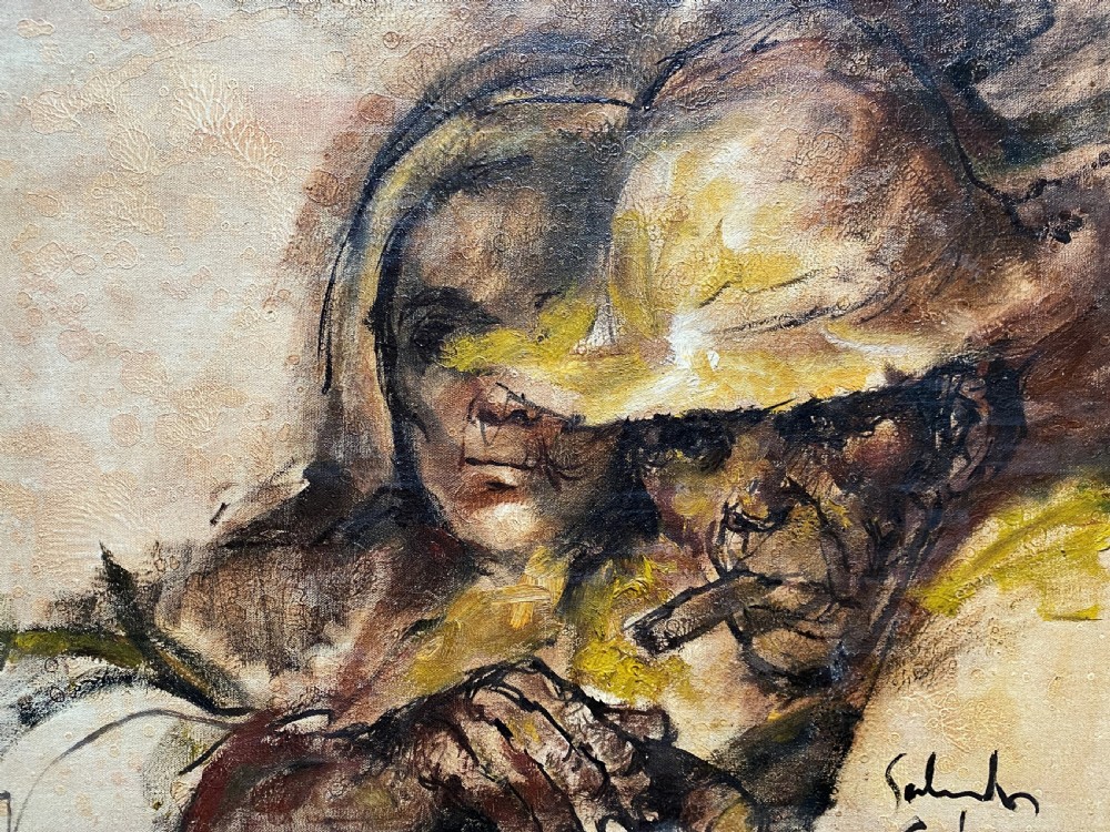 A framed mid-century expressionist oil painting depicting a layered dual portrait of a man with a cigar and a woman, rendered in warm brown, yellow, and cream tones within a timber frame. View IV