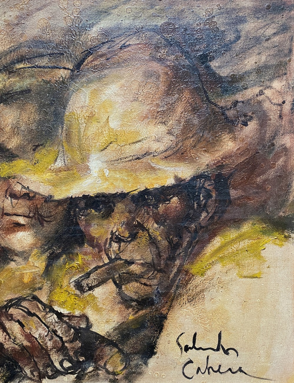A framed mid-century expressionist oil painting depicting a layered dual portrait of a man with a cigar and a woman, rendered in warm brown, yellow, and cream tones within a timber frame. View V