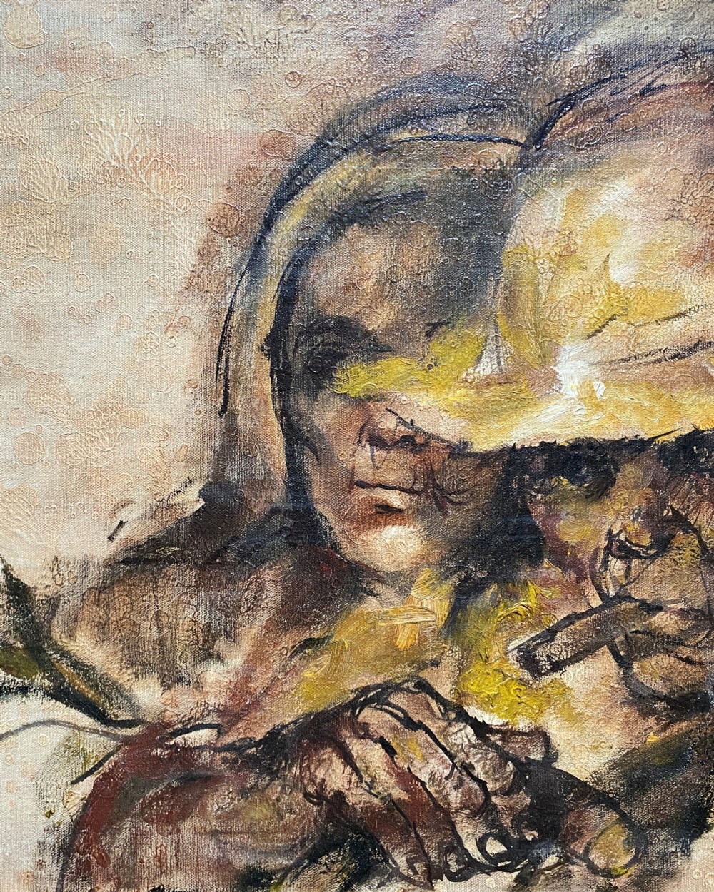 A framed mid-century expressionist oil painting depicting a layered dual portrait of a man with a cigar and a woman, rendered in warm brown, yellow, and cream tones within a timber frame. View VI