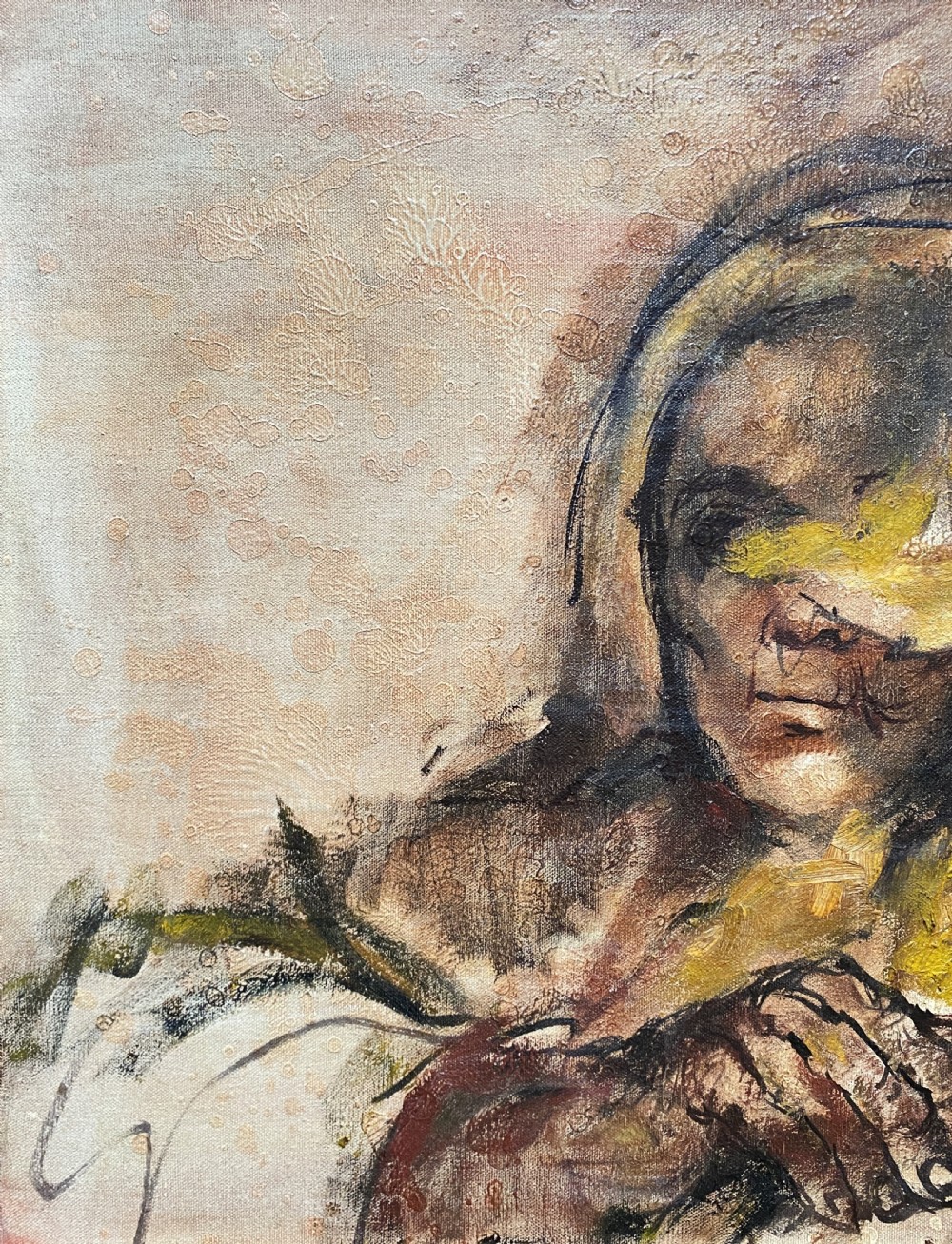 A framed mid-century expressionist oil painting depicting a layered dual portrait of a man with a cigar and a woman, rendered in warm brown, yellow, and cream tones within a timber frame. View VII