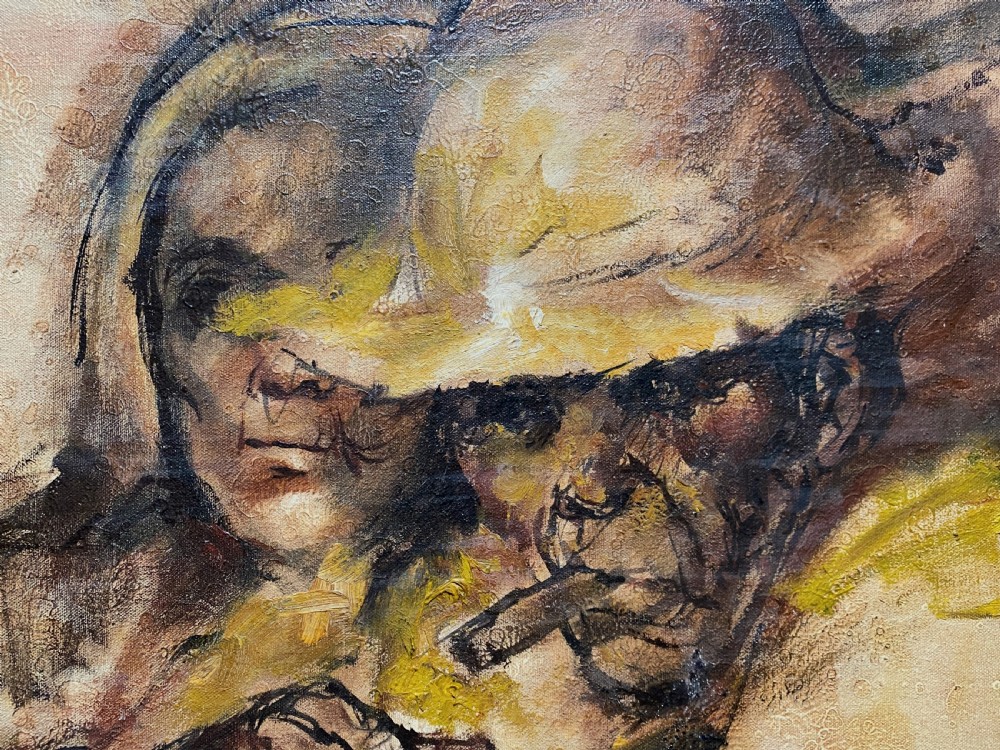 A framed mid-century expressionist oil painting depicting a layered dual portrait of a man with a cigar and a woman, rendered in warm brown, yellow, and cream tones within a timber frame. View VIII