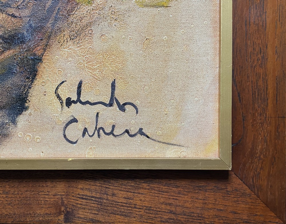 A framed mid-century expressionist oil painting depicting a layered dual portrait of a man with a cigar and a woman, rendered in warm brown, yellow, and cream tones within a timber frame. View IX