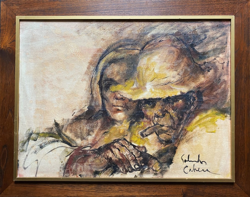 A framed mid-century expressionist oil painting depicting a layered dual portrait of a man with a cigar and a woman, rendered in warm brown, yellow, and cream tones within a timber frame. View XI
