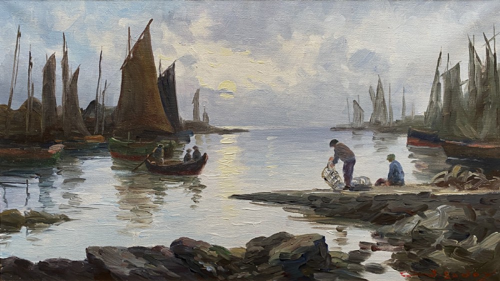 An impressionist oil painting depicting sailboats and figures in a calm harbour at sunset, enclosed within a textured gilt frame. View II