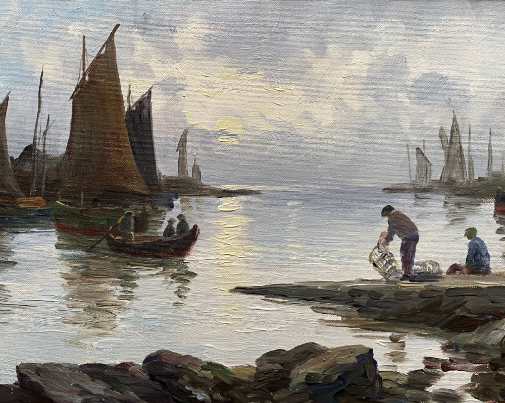 An impressionist oil painting depicting sailboats and figures in a calm harbour at sunset, enclosed within a textured gilt frame. View III