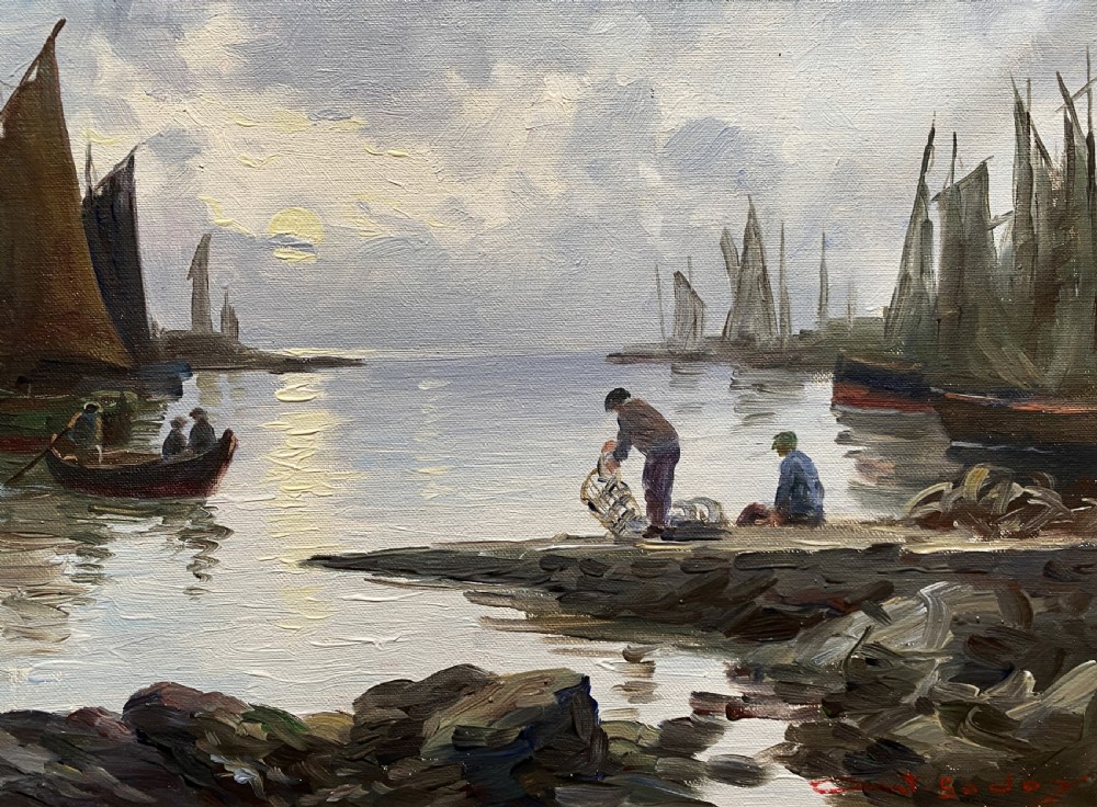 An impressionist oil painting depicting sailboats and figures in a calm harbour at sunset, enclosed within a textured gilt frame. View IV