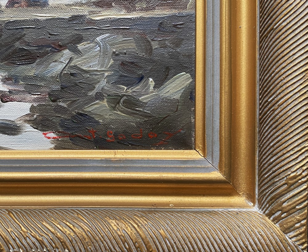 An impressionist oil painting depicting sailboats and figures in a calm harbour at sunset, enclosed within a textured gilt frame. View VIII