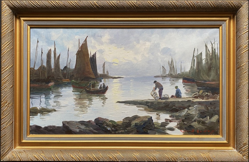 An impressionist oil painting depicting sailboats and figures in a calm harbour at sunset, enclosed within a textured gilt frame. View X