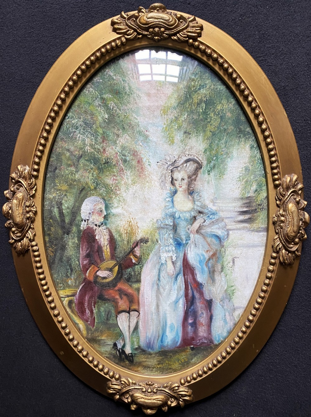 19th-Century Canadian School Oval Oil Portrait Painting Of a Serenading Musician