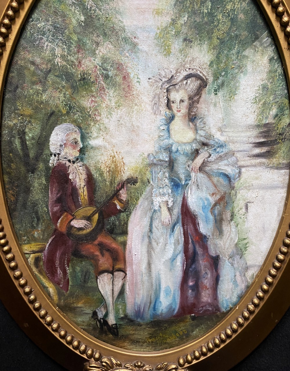 19th-Century Canadian School Oval Oil Portrait Painting Of a Serenading Musician View II