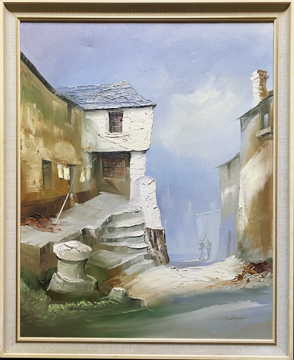 Framed mid-century oil painting depicting stone cottages and harbour steps in a Cornish coastal village with impasto texture.