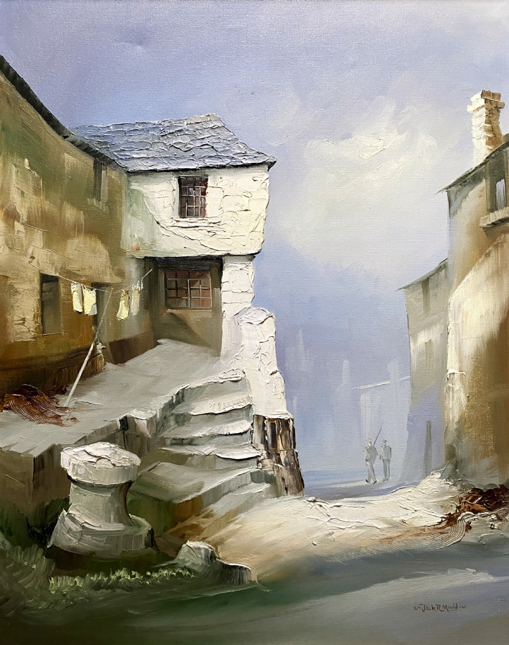 Framed mid-century oil painting depicting stone cottages and harbour steps in a Cornish coastal village with impasto texture. View II