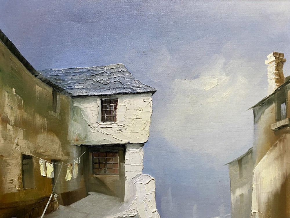 Framed mid-century oil painting depicting stone cottages and harbour steps in a Cornish coastal village with impasto texture. View IV