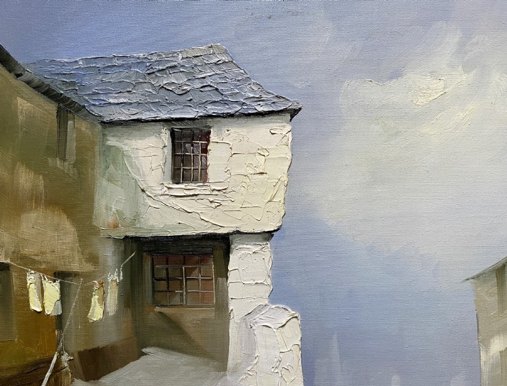 Framed mid-century oil painting depicting stone cottages and harbour steps in a Cornish coastal village with impasto texture. View V