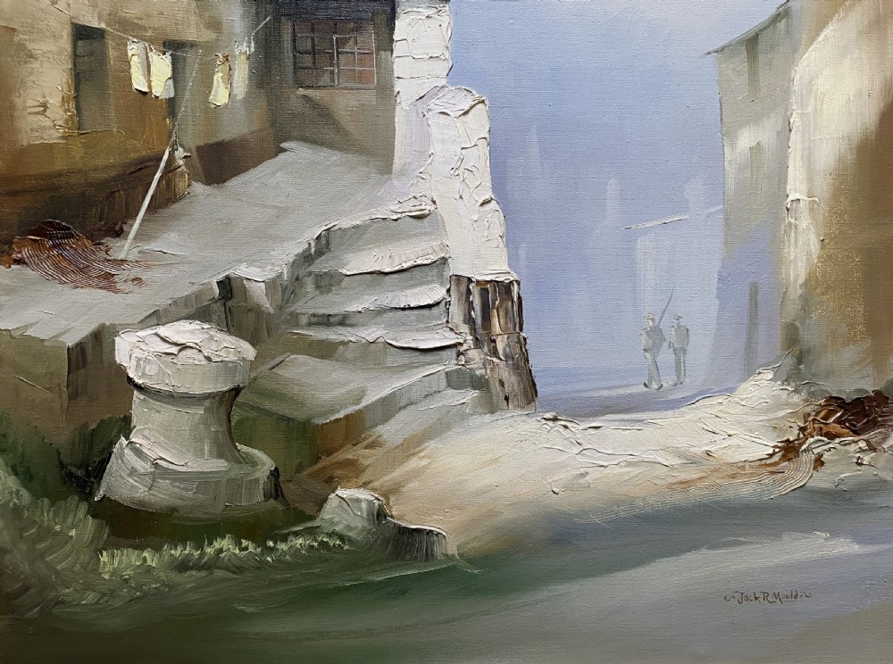 Framed mid-century oil painting depicting stone cottages and harbour steps in a Cornish coastal village with impasto texture. View VII