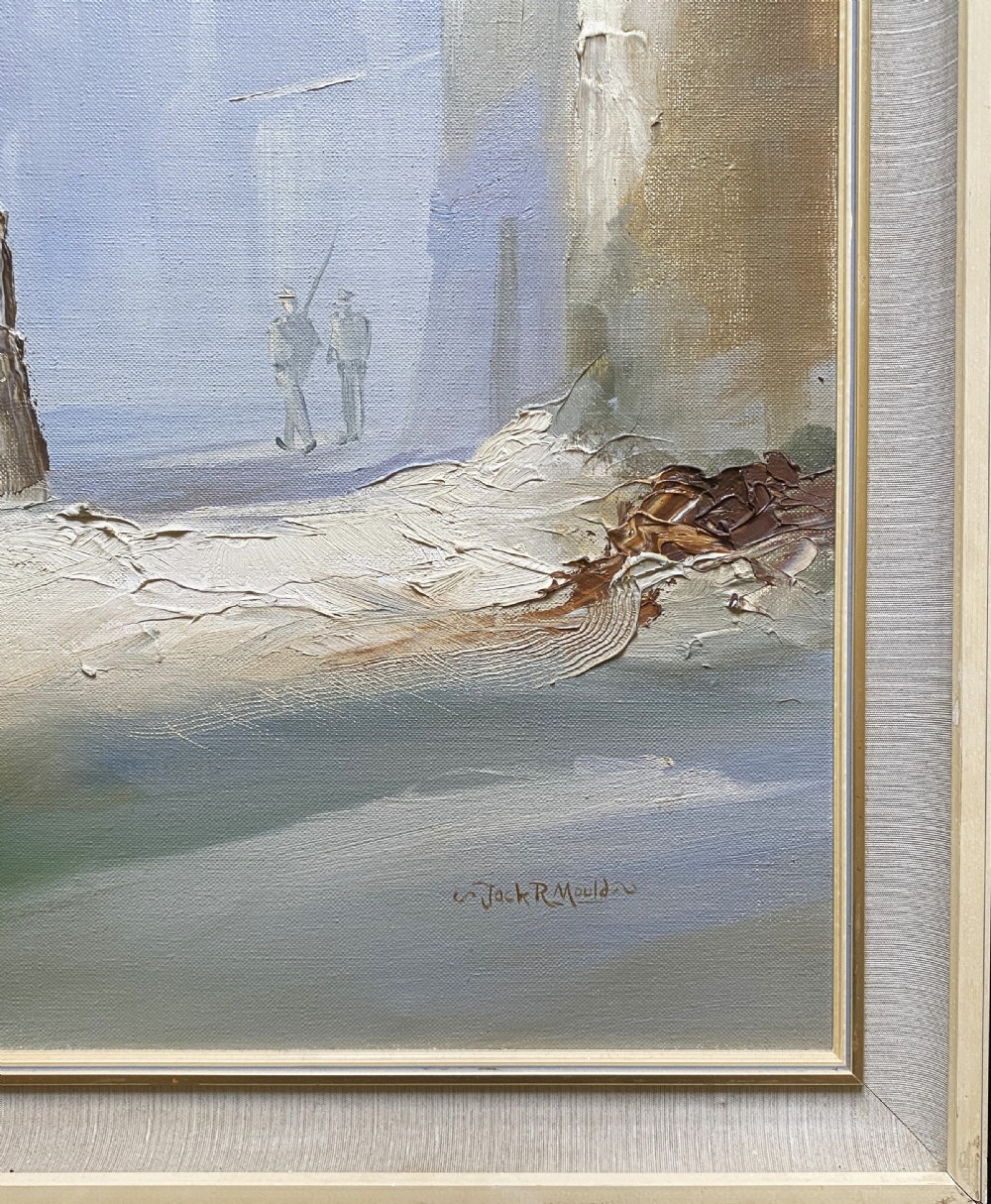 Framed mid-century oil painting depicting stone cottages and harbour steps in a Cornish coastal village with impasto texture. View X