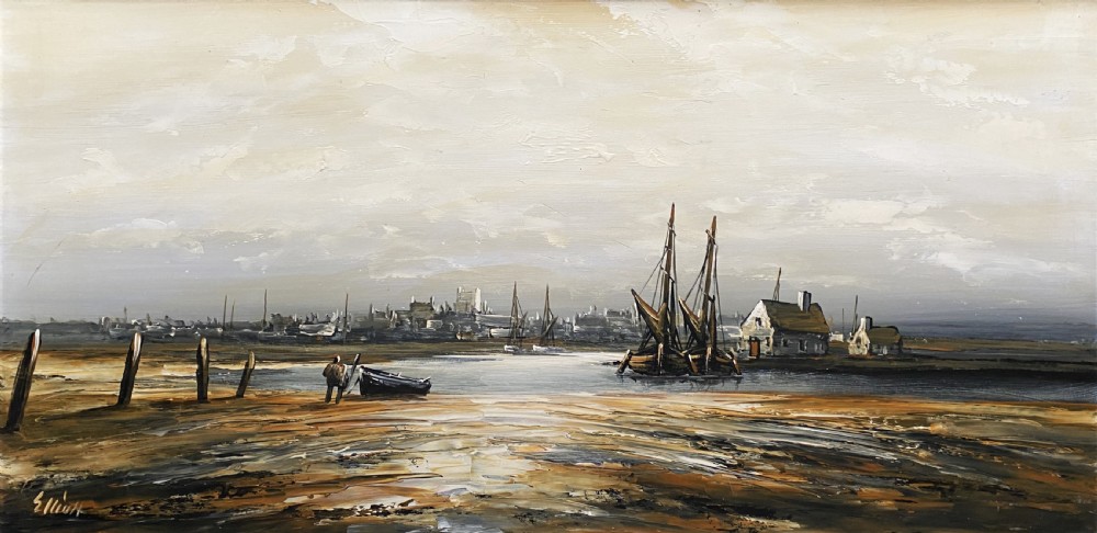A framed impressionist maritime oil painting depicting boats anchored in a low-tide harbour under a cloudy sky, signed by Edward M. Elliott. View II