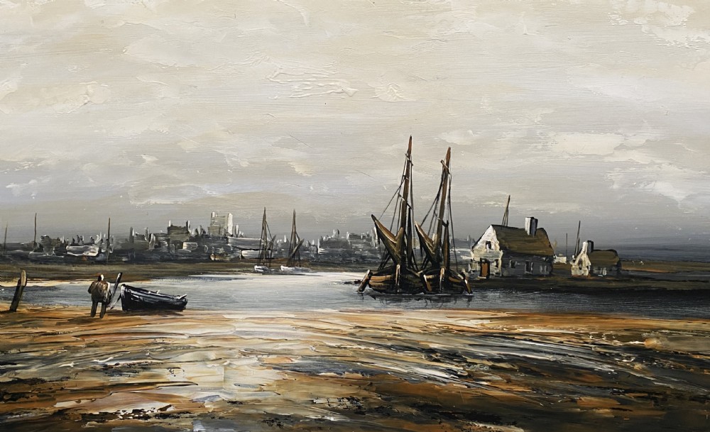 A framed impressionist maritime oil painting depicting boats anchored in a low-tide harbour under a cloudy sky, signed by Edward M. Elliott. View III