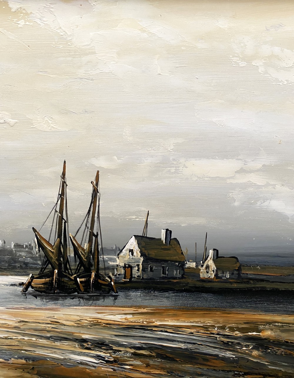 A framed impressionist maritime oil painting depicting boats anchored in a low-tide harbour under a cloudy sky, signed by Edward M. Elliott. View VI