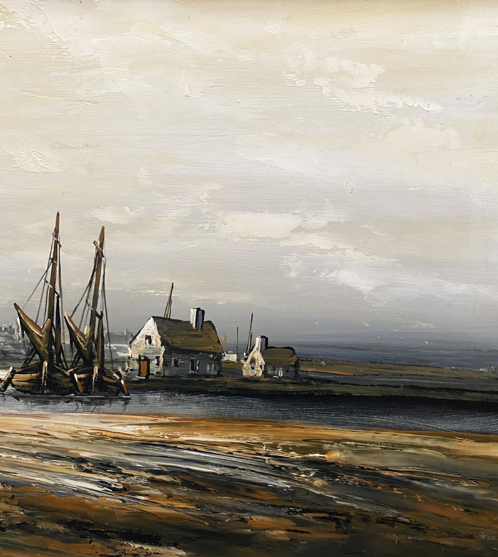 A framed impressionist maritime oil painting depicting boats anchored in a low-tide harbour under a cloudy sky, signed by Edward M. Elliott. View VII