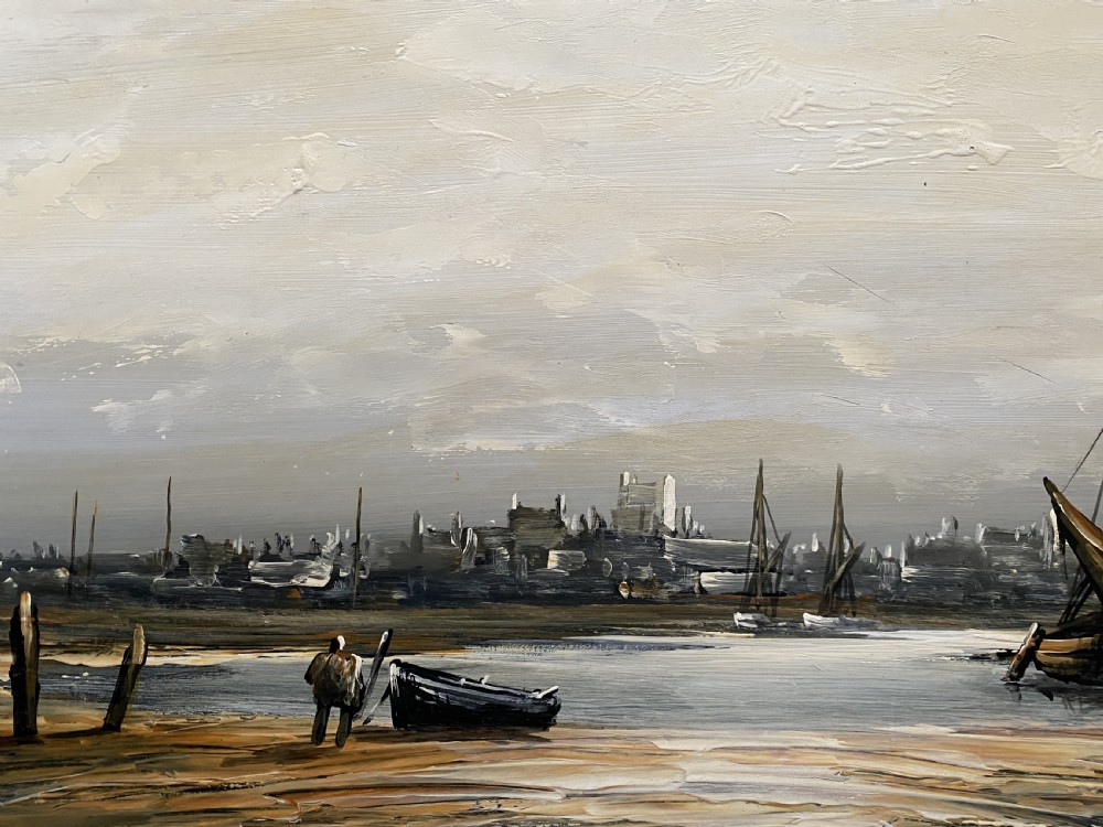 A framed impressionist maritime oil painting depicting boats anchored in a low-tide harbour under a cloudy sky, signed by Edward M. Elliott. View VIII
