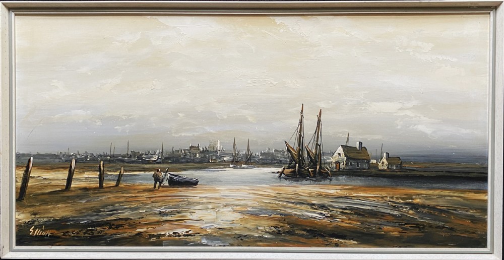 A framed impressionist maritime oil painting depicting boats anchored in a low-tide harbour under a cloudy sky, signed by Edward M. Elliott. View XI