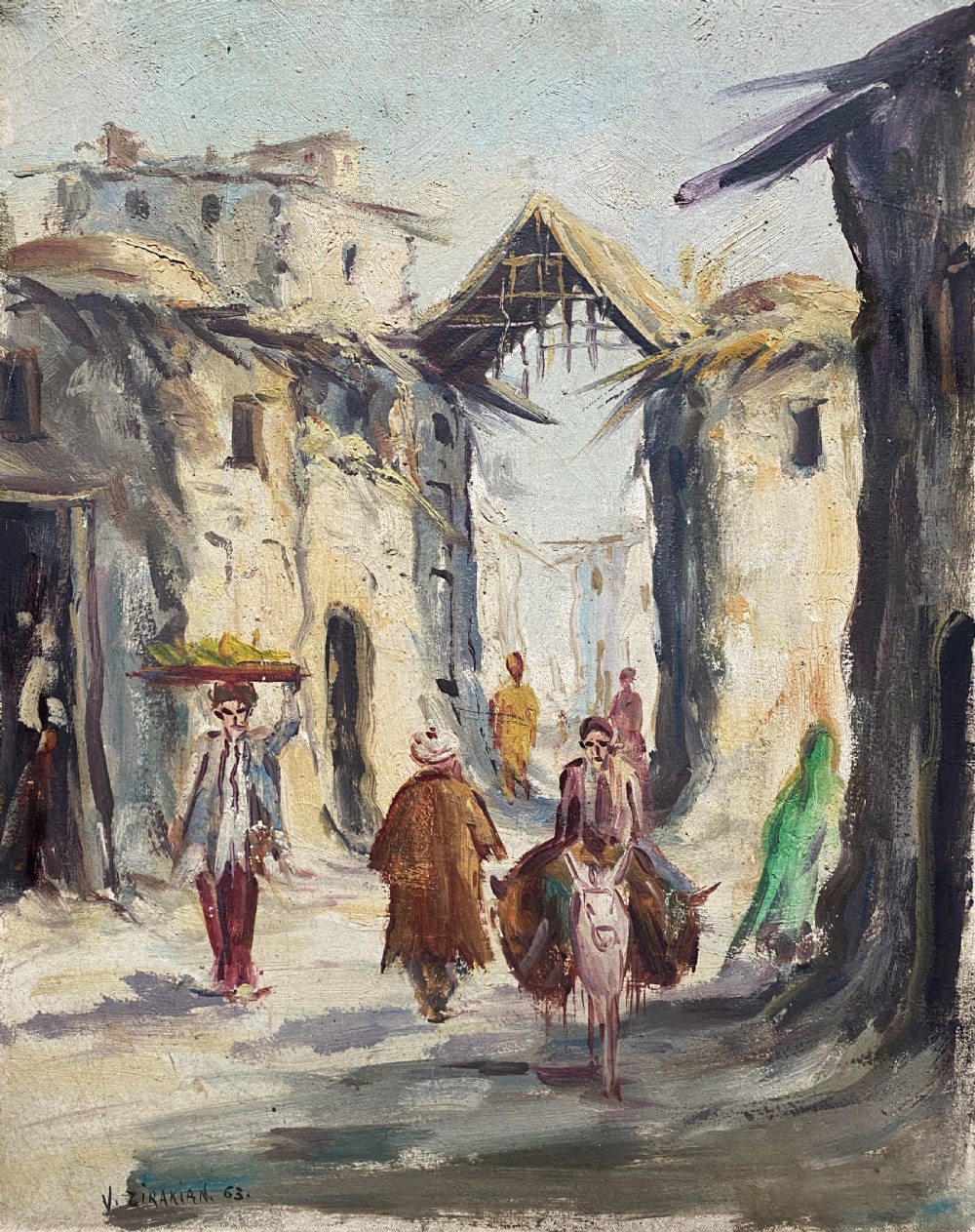 An impressionist oil painting depicting a village street with figures and a donkey, set within a carved gilt wood frame. View II