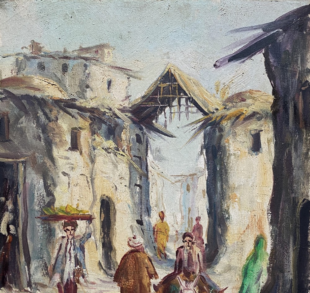 An impressionist oil painting depicting a village street with figures and a donkey, set within a carved gilt wood frame. View III