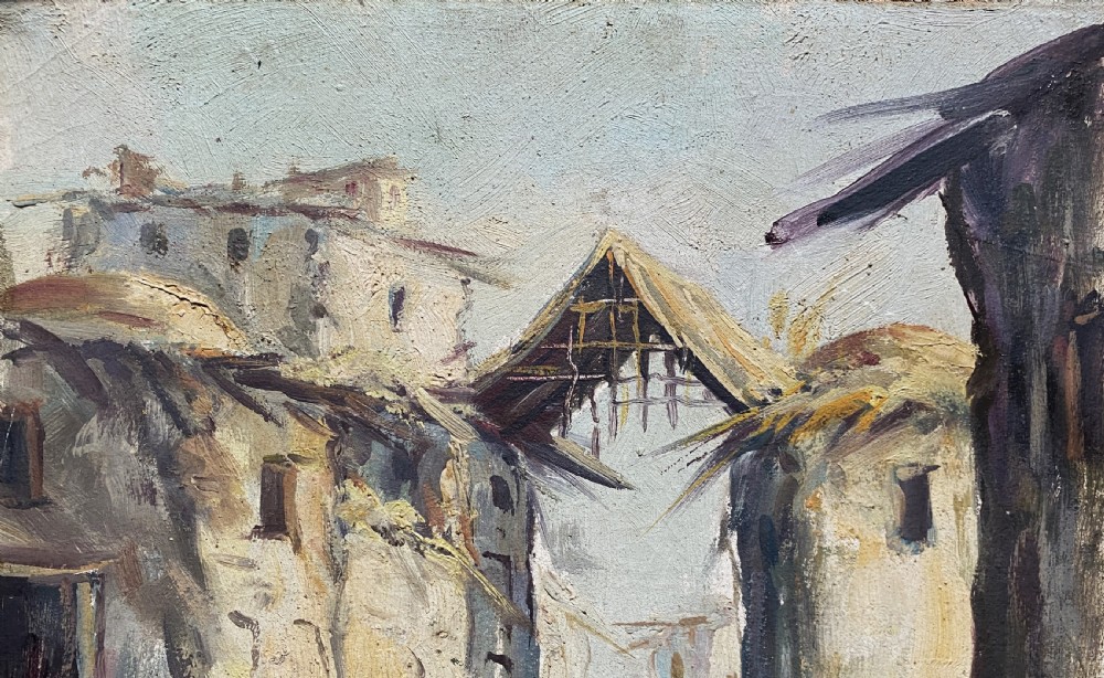 An impressionist oil painting depicting a village street with figures and a donkey, set within a carved gilt wood frame. View IV
