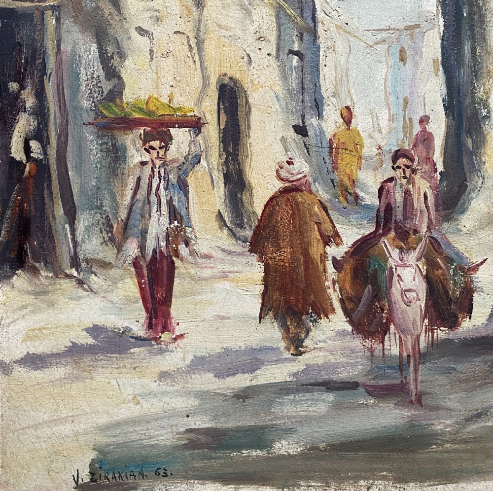 An impressionist oil painting depicting a village street with figures and a donkey, set within a carved gilt wood frame. View V