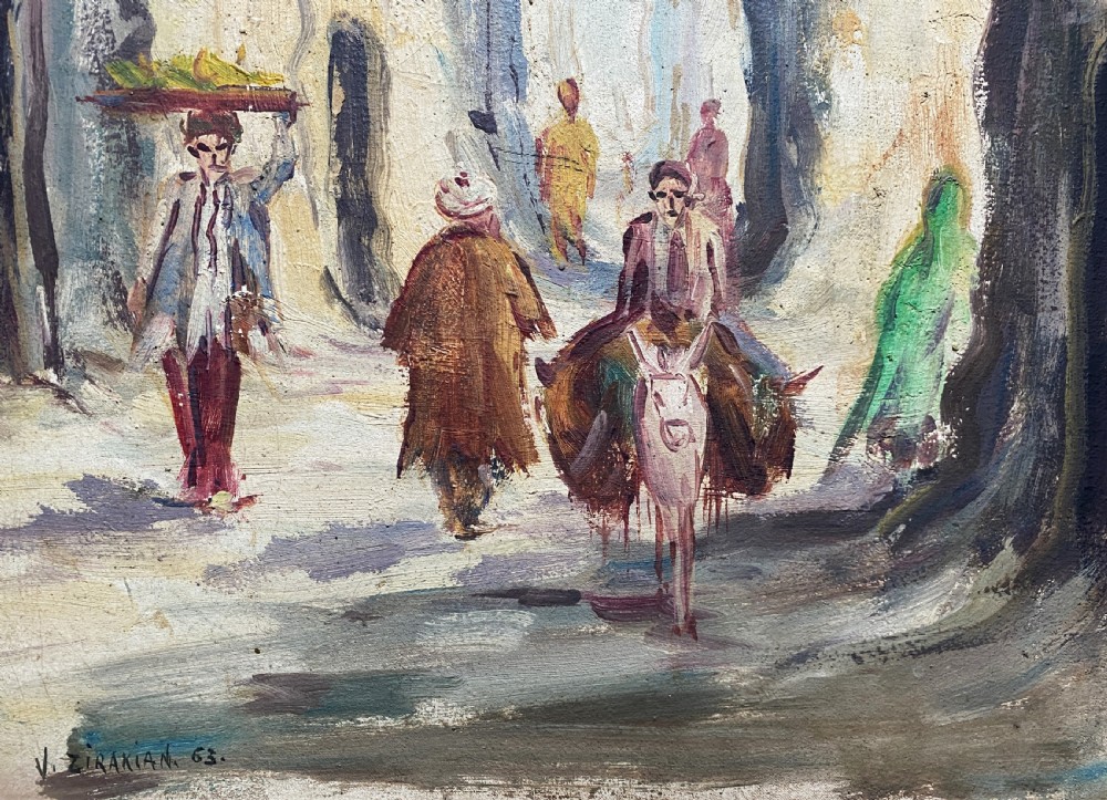 An impressionist oil painting depicting a village street with figures and a donkey, set within a carved gilt wood frame. View VII