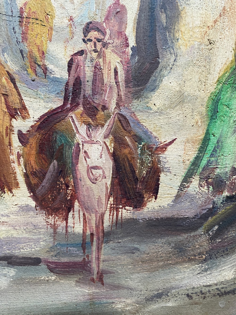 An impressionist oil painting depicting a village street with figures and a donkey, set within a carved gilt wood frame. View VIII