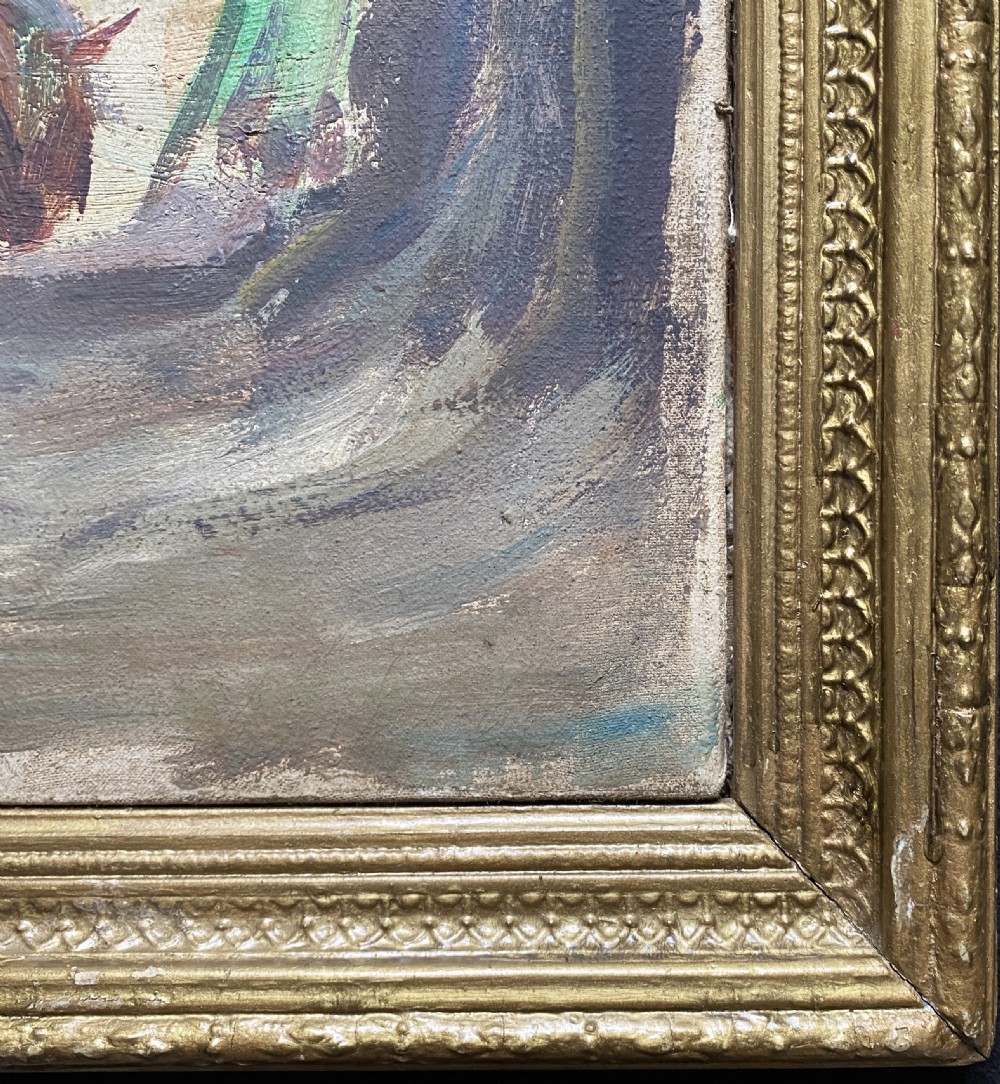 An impressionist oil painting depicting a village street with figures and a donkey, set within a carved gilt wood frame. View X