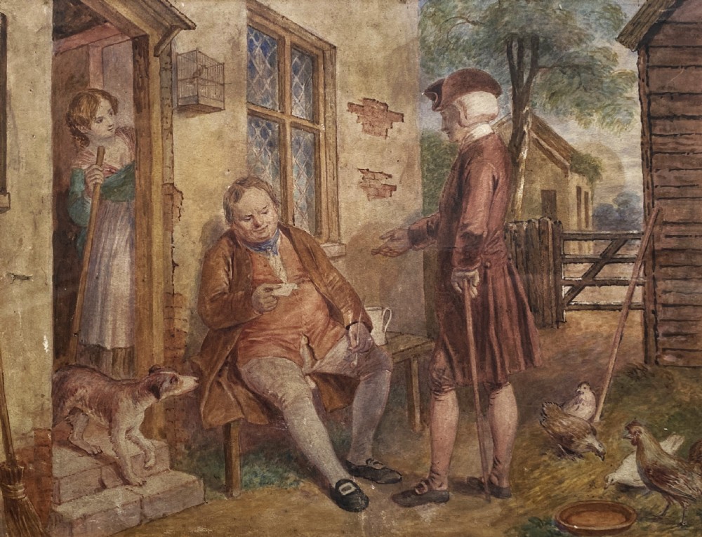 A 19th-century framed watercolour illustration of figures in period costume outside a cottage doorway, set within a dark wooden and gilt frame. View II