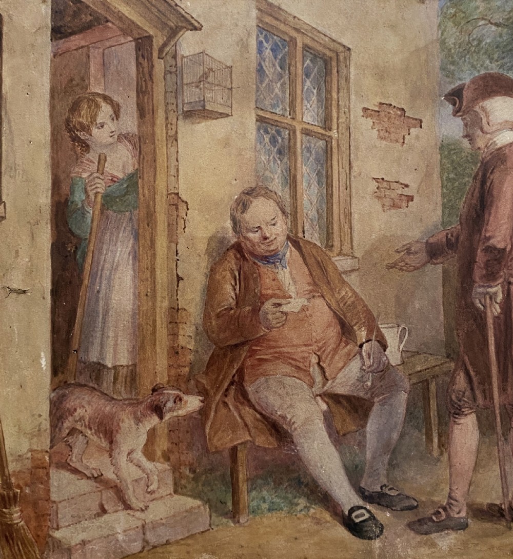 A 19th-century framed watercolour illustration of figures in period costume outside a cottage doorway, set within a dark wooden and gilt frame. View III
