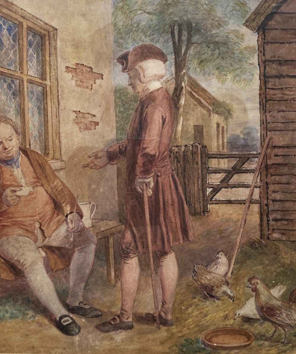 A 19th-century framed watercolour illustration of figures in period costume outside a cottage doorway, set within a dark wooden and gilt frame. View V