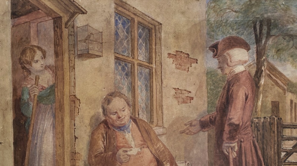 A 19th-century framed watercolour illustration of figures in period costume outside a cottage doorway, set within a dark wooden and gilt frame. View VI