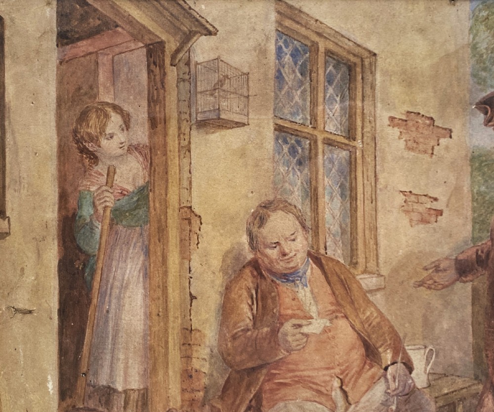 A 19th-century framed watercolour illustration of figures in period costume outside a cottage doorway, set within a dark wooden and gilt frame. View VII