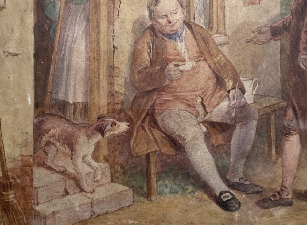 A 19th-century framed watercolour illustration of figures in period costume outside a cottage doorway, set within a dark wooden and gilt frame. View VIII