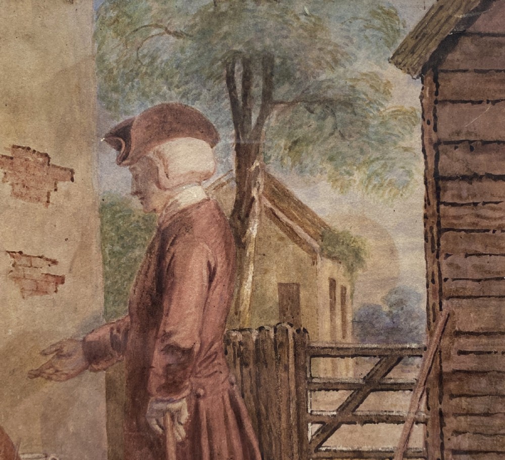 A 19th-century framed watercolour illustration of figures in period costume outside a cottage doorway, set within a dark wooden and gilt frame. View IX