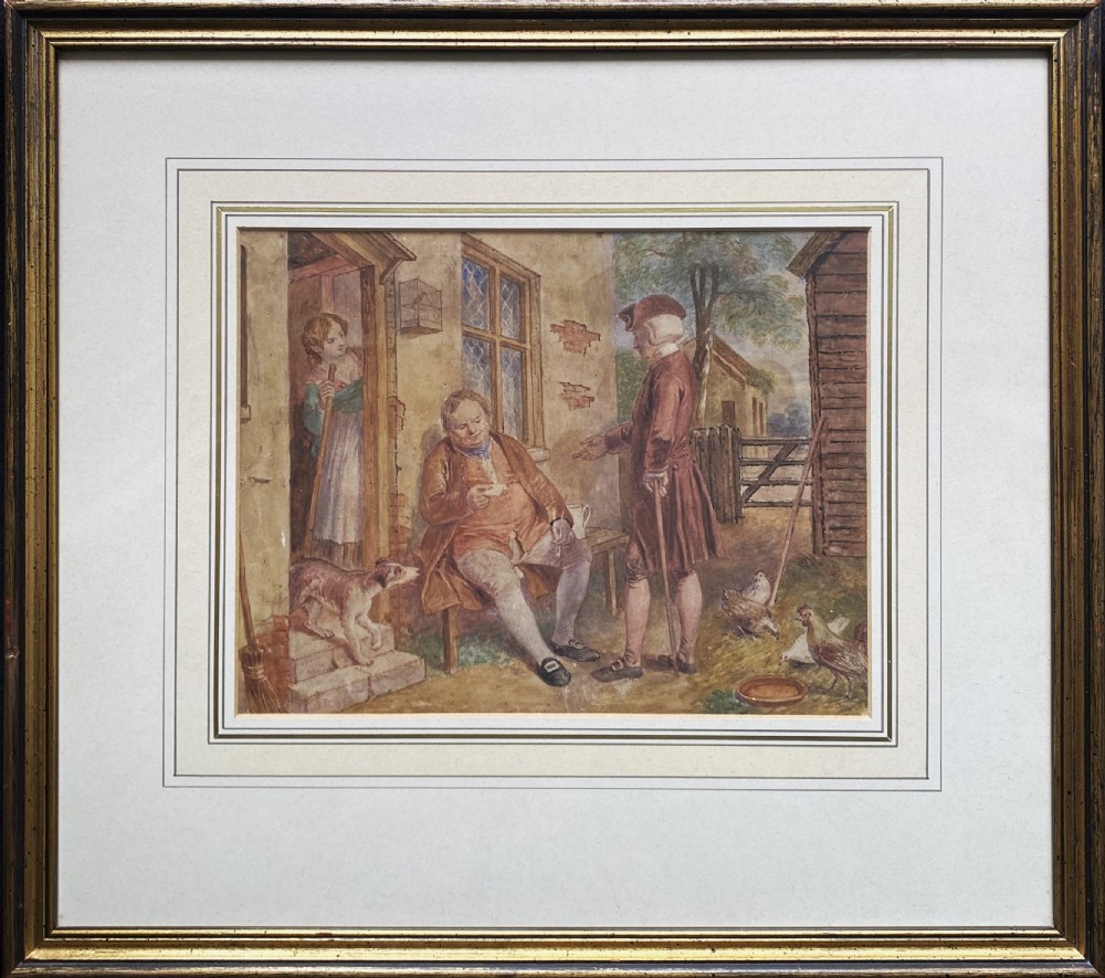 A 19th-century framed watercolour illustration of figures in period costume outside a cottage doorway, set within a dark wooden and gilt frame. View XII