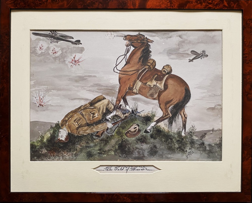 A framed 1917 watercolour painting depicting a fallen soldier beside a rearing horse on a battlefield under an aircraft-filled sky.