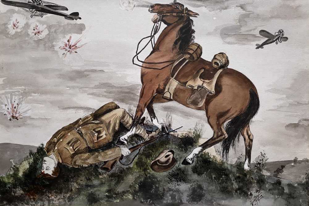 A framed 1917 watercolour painting depicting a fallen soldier beside a rearing horse on a battlefield under an aircraft-filled sky. View II