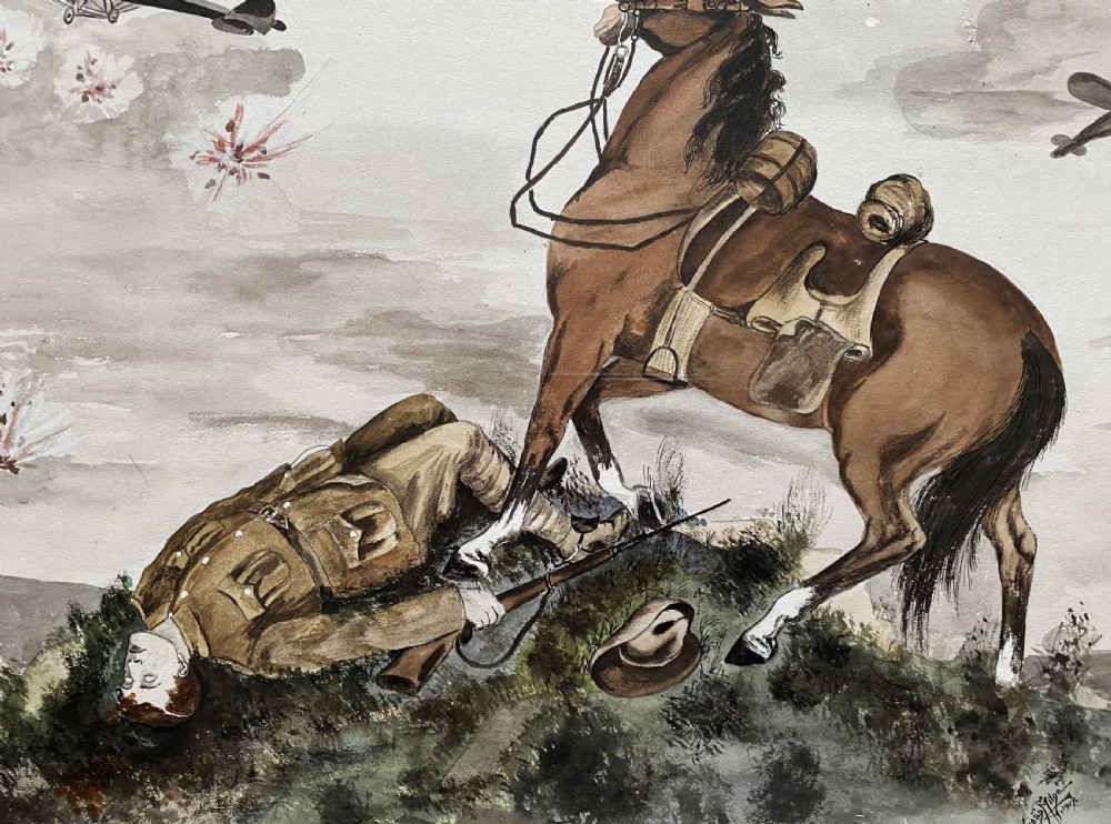 A framed 1917 watercolour painting depicting a fallen soldier beside a rearing horse on a battlefield under an aircraft-filled sky. View III